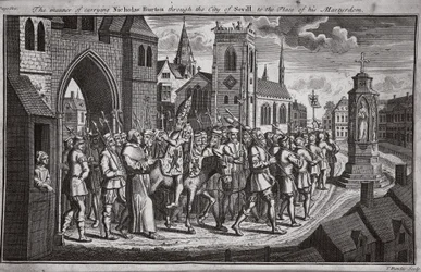 De manier van het dragen van Nicholas Burton door de stad Sevilla naar de plaats van zijn martelaarschap, illustratie uit Foxes Martelaren ca. 1703