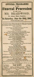Het officiële programma van de begrafenisstoet van wijlen Mr Braidwood, hoofd van de Londense brandweer