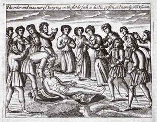 De orde en manier van begraven in de velden van degenen die in de gevangenis stierven, en namelijk Will Wiseman, illustratie uit Handelingen en Monumenten van John Foxe, negende editie, uitgegeven 1684