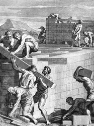 De muren van steden onder de Galliërs zijn gebouwd van afwisselende lagen stenen en balken, gegraveerd door Cornelis Huyberts, illustratie bij Caesars Commentaries vertaald in het Engels door William Duncan