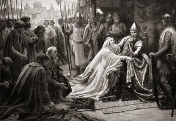 De vrouw van koning Edward III, koningin Philippa van Henegouwen, pleit voor haar man om het leven van de zeven burgers van Calais te sparen