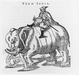 Thomas Coryate (ca. 1577-1617) op een olifant, uit Brieven uit India in Coryats Crudities, Deel 3, gepubliceerd 1776