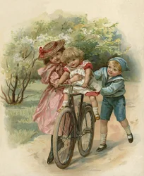 Drie kinderen spelen met een fiets