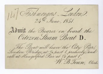 Ticket voor Londense visverkopers om een boottocht te maken op de Citizen Steam Boat, 24 juni 1851