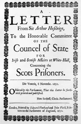 Titelpagina voor A Letter from Sir Arthur Hesilrige Concerning the Scots Prisoners, door Sir Arthur Hesilrige, gepubliceerd 1650