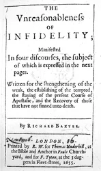 Titelpagina van The Unreasonableness of Infidelity door Richard Baxter, gepubliceerd in 1655
