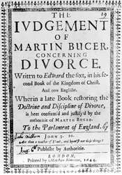 Titelpagina van Het Oordeel van Martin Bucer over Echtscheiding door John Milton, gepubliceerd in 1644