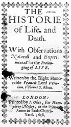 Titelpagina van Francis Bacons The History of Life and Death, gepubliceerd in 1638
