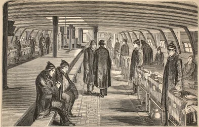 Bovendek van het Unite ziekenhuisschip, verbonden aan de hulks in Woolwich, illustratie uit The Criminal Prisons of London and Scenes from Prison Life door Henry Mayhew en John Binny, uitgegeven in 1862
