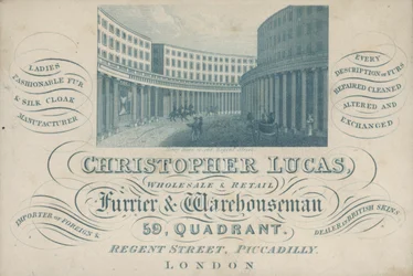 Handelskaart van Christopher Lucas, groothandelaar en detailhandelaar in bont en magazijnmeester, 59, Quadrant, Regent Street, Piccadilly, Londen