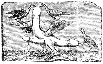 Drievoudige fallus met vleugels, poten en hoeven van een geit, een bel, vleugels, twee vogels die naar de grootste penis pikken en een andere vogel die de staart met zijn poot omlaag houdt