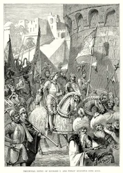 Triomfantelijke intocht van Richard I en Filips Augustus in Akko (gravure)