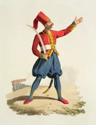 Turkse soldaat, uit Costumes of the Various Nations, deel VII, The Military Costume of Turkey, door Thomas MacLean, gepubliceerd ca. 1800-18