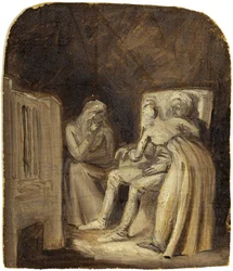 Twee vrouwelijke figuren die een mannelijke figuur bijstaan in een interieur