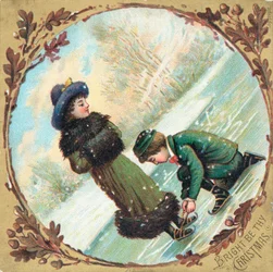 Veters strikken op schaatsen, kerstkaart