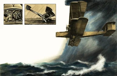 Ongeïdentificeerd vroeg tweedekker vliegtuig boven stormachtige zeeën