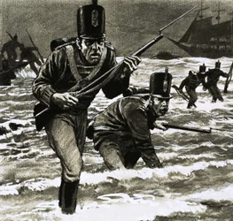 Ongeïdentificeerde soldaten landen op het strand