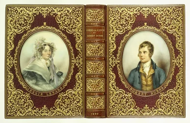 Boven- en Onderomslagen, en Rug, met Ovale Portretten van Robert Burns en Jessie Lewars