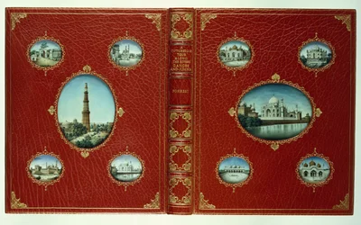 Boven- en onderomslagen, tien ovale miniaturen van moskeeën, met vergulde randen