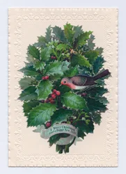 Victoriaanse kerst- en nieuwjaarskaart van een roodborstje in een boeket hulstbladeren, ca. 1880