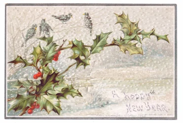 Victoriaanse nieuwjaarskaart van vogels op takken in de vallende sneeuw, ca. 1880 (kleur litho)