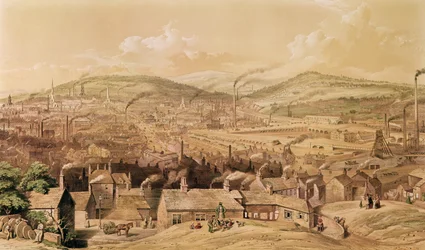 Uitzicht op industrieel Sheffield vanuit het zuidoosten door William Ibbit, 1854