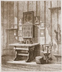 Uitzicht op Luthers kamer in de Wartburg, met de inktvlek op de muur, illustratie uit De Geschiedenis van het Protestantisme door James Aitken Wylie, 1878