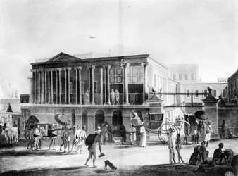 Uitzicht op een huis, fabriek en bazaar in Calcutta, gegraveerd door Francis Jukes, 1795