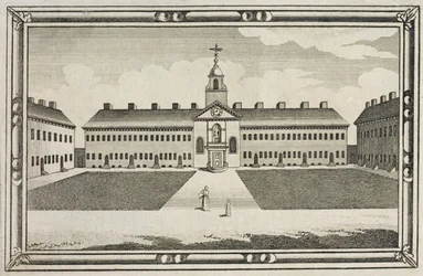 Zicht op de Almshouses van de Ironmongers Company, Kingsland Road, Hackney, c.1820