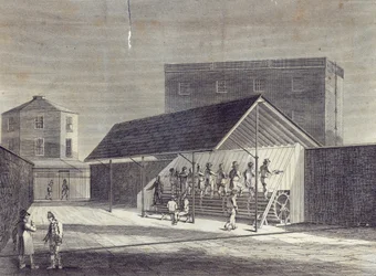 Uitzicht op de Loopband voor het Werk van Gevangenen, opgericht in het Huis van Correctie in Brixton, gepubliceerd door Gent. Mag., juli 1822