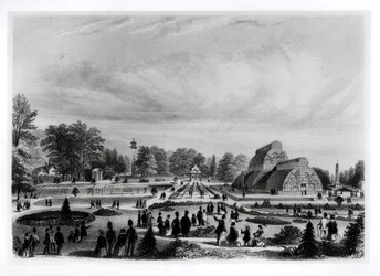 Bezoekers bekijken het Palm House bij Kew Palace, ca. 1860s