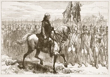Warren Hastings beoordeelt Pearses kolom, illustratie uit Cassells Geïllustreerde Geschiedenis van India door James Grant, uitgegeven 1879