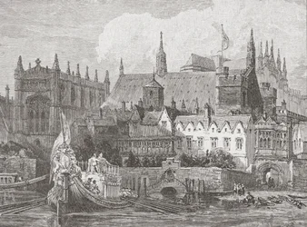 Westminster Hall gezien vanaf de Theems tijdens het bewind van Karel I