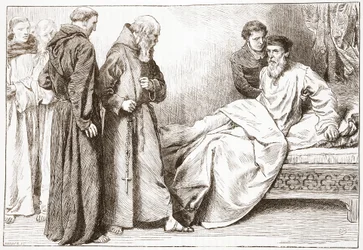 Wicliffe en de monniken: scène in de slaapkamer, illustratie uit The History of Protestantism door James Aitken Wylie (1808-1890), gepubliceerd 1878