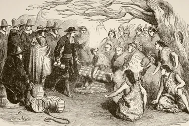 William Penn sluit een verdrag met de Delaware of Lenape Indianen in 1682 (litho)