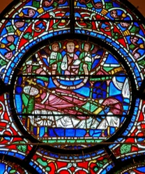 Raam met St. Dunstan die droomt dat hij de dag in de hemel zal doorbrengen
