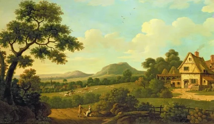 Boslandschap met figuren langs de weg