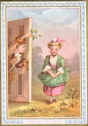 Meisje naar de maretak lokken, nieuwjaarskaart