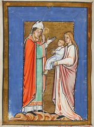 Yates Thompson 26 f.62v St. Cuthbert geneest een kind met de pest, illustratie uit het 
