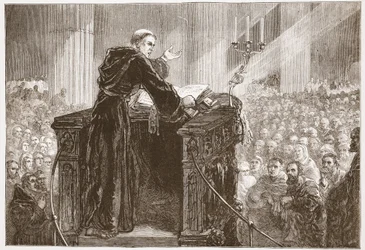 Zwingle preekt in de kathedraal van Zürich, illustratie uit De Geschiedenis van het Protestantisme door James Aitken Wylie, 1878