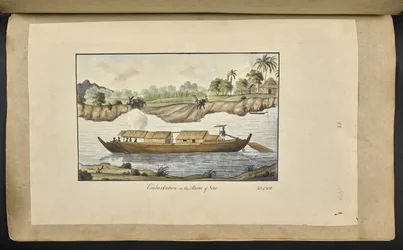 Een boot op de Solo-rivier (Surakarta, Midden-Java). 4 februari 1817. Ingeschreven op de voorkant in inkt: 
