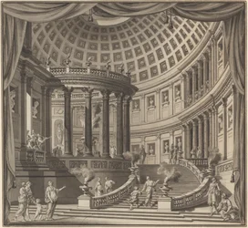 Ontwerp voor een Toneelgordijn: Het Interieur van een Uitgebreide Tempel Gewijd aan Illustere Mannen