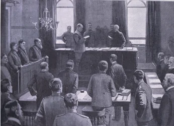 Een proces voor verraad in Bloemfontein, uit After Pretoria: The Guerilla War gepubliceerd door Harmsworth Bros Limited, 1901