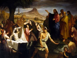 Opstanding van de zoon van de weduwe van Naim, door Enrico Pollastrini, Kerk van Sint Maria van Hulp, Livorno, Toscane, Italië