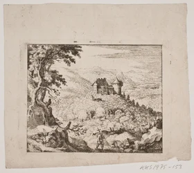 Bergachtig landschap met een kasteel en een wandelaar