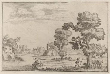 Dorp aan het meer met herders