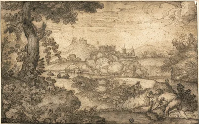 Landschap met figuren die tarwe binden op de voorgrond