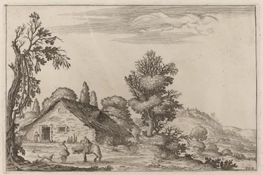 Landschap met een reiziger voor een huisje