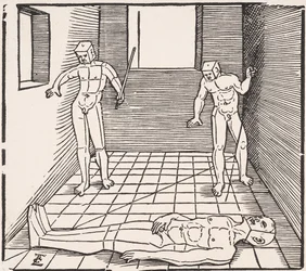 Drie mannelijke figuren in een kamer Uit: Unnderweissung der Proportzion