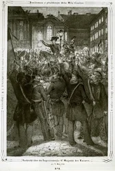 De grondwet van keizer Ferdinand wordt voorgelezen op het Michaelerplein voor het keizerlijk paleis